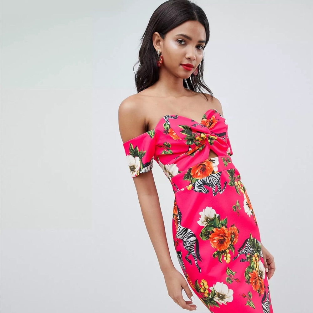 Off-Shoulder Pink Floral Midi Dress - Picture 3 of 7